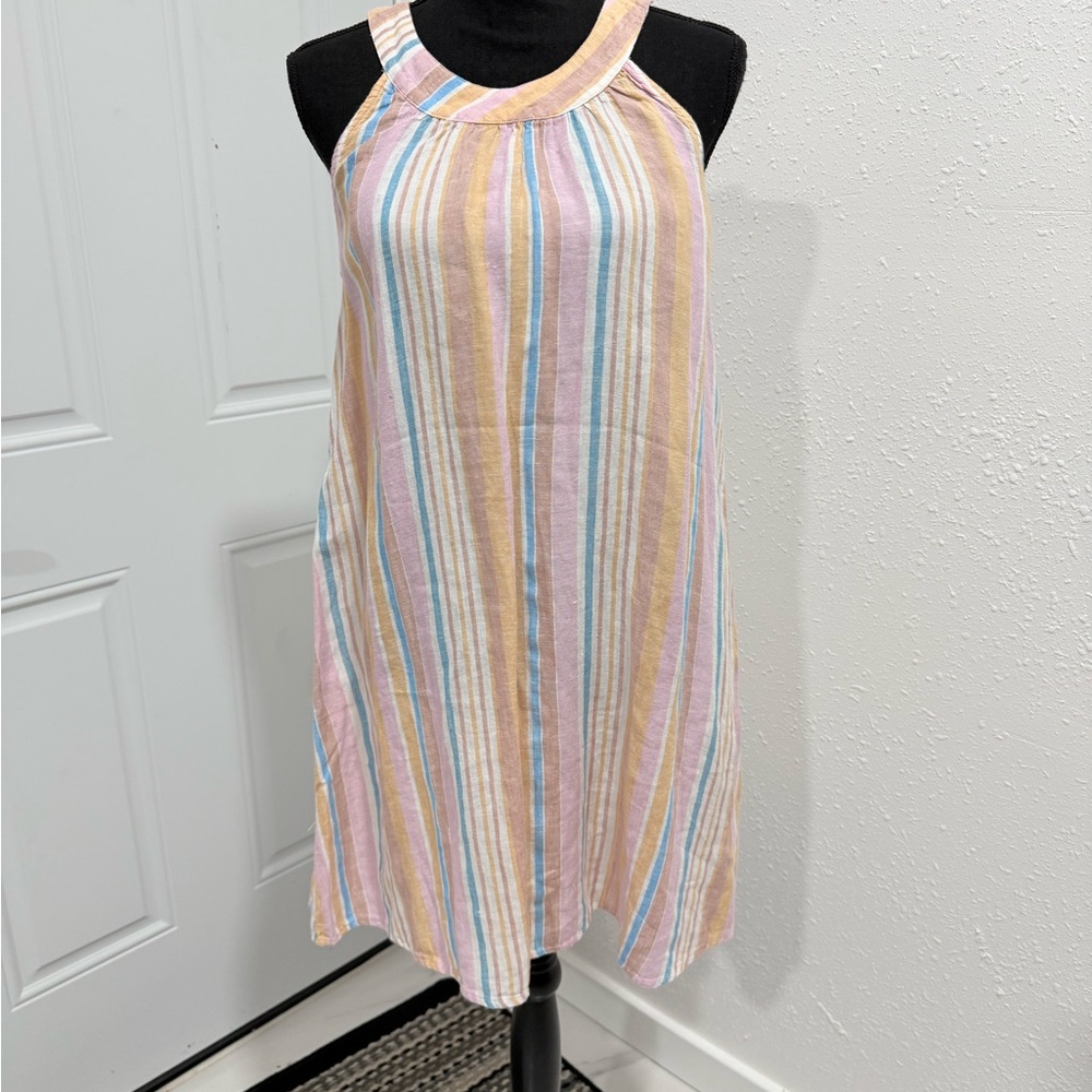 C&C California 100% linen Pastel Striped Mini Dress - Pink, Yellow, Blue S
